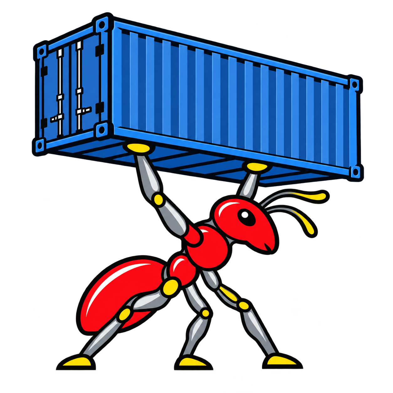 Red ant with silver-grey limbs and yellow hands and feet lifting a deep-blue cargo container